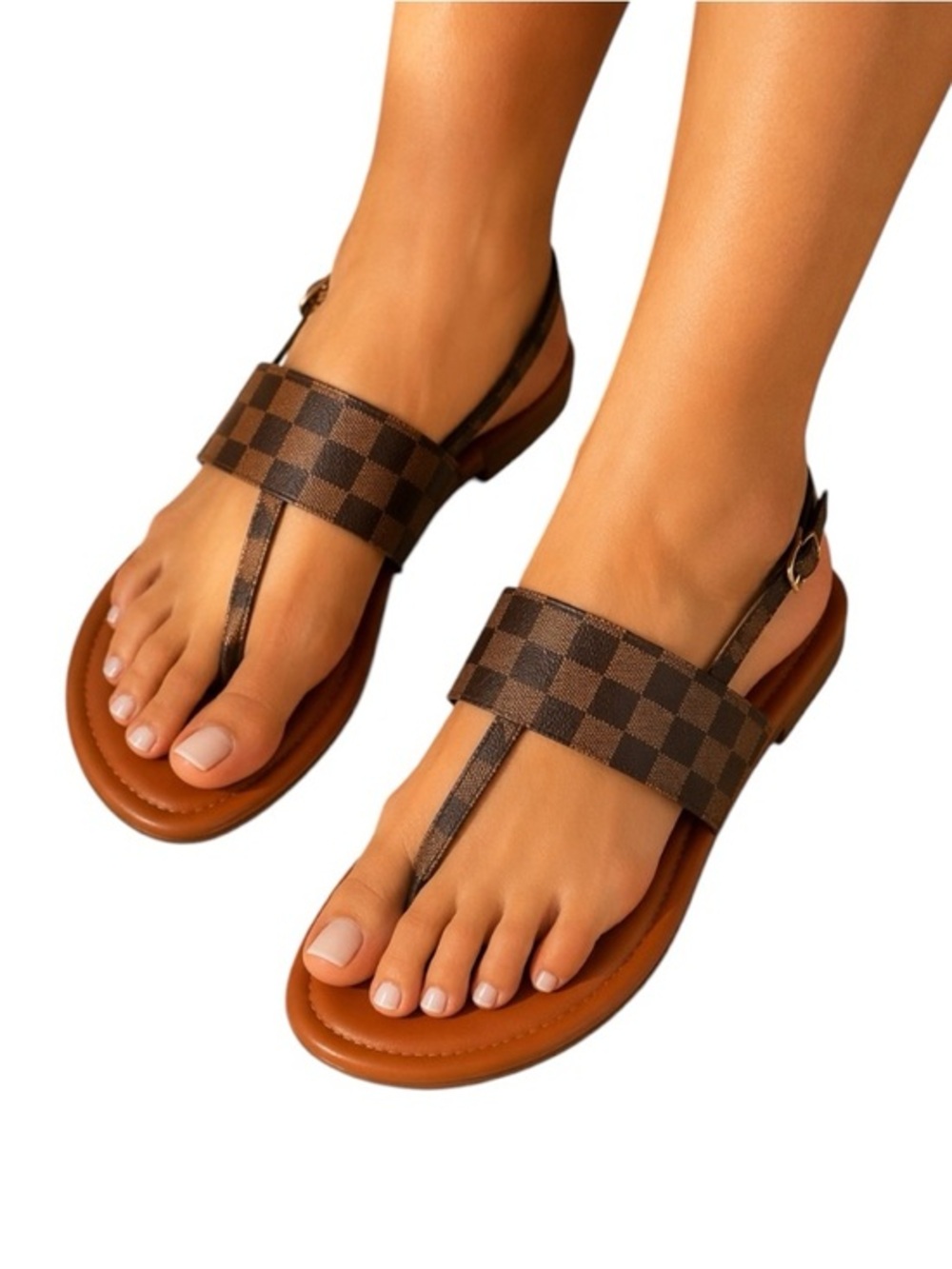 Damier Check T Strap Sandals Brown Designer Inspired Flat Sandals Women Resort